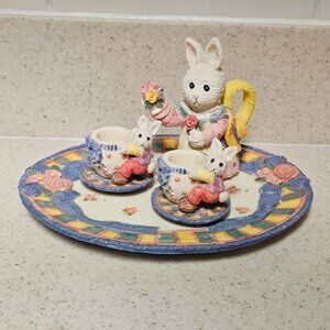 Vintage 90s Miniature Resin Tea Set - Youngs Inc - Bunny Rabbit Flowers Easter